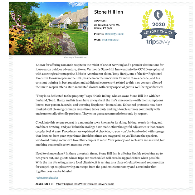 Description of Stone Hill Inn Award by TripSavvy